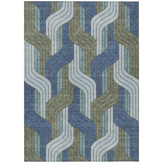 10' X 14' Navy Blue Sky Blue And Artichoke Green Striped Washable Indoor Outdoor Area Rug