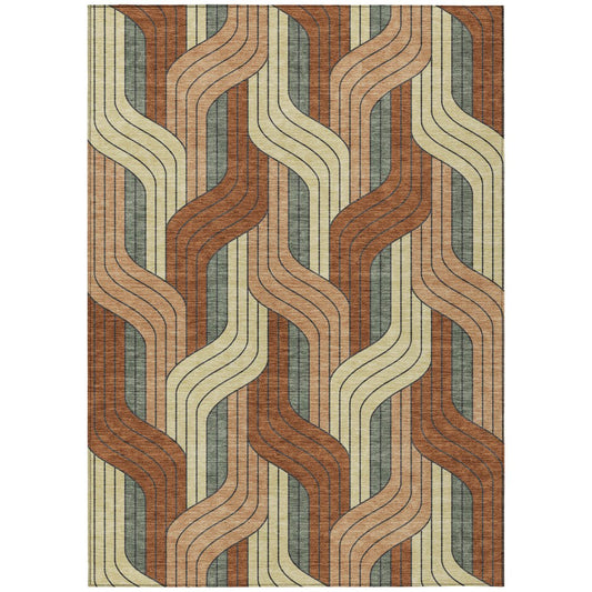 9' X 12' Rust Orange And Wheat Striped Washable Indoor Outdoor Area Rug