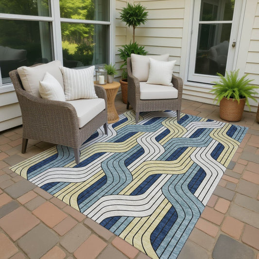 9' X 12' Teal Blue Wheat And Ivory Striped Washable Indoor Outdoor Area Rug