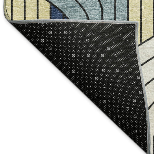 9' X 12' Teal Blue Wheat And Ivory Striped Washable Indoor Outdoor Area Rug