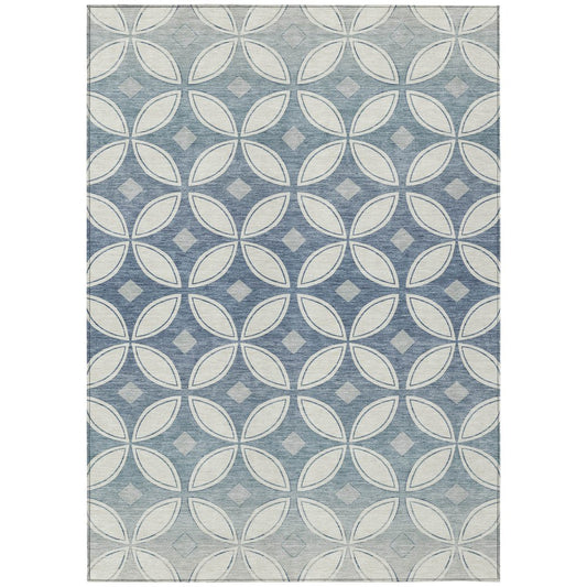 9' X 12' Ivory And Blue Geometric Washable Indoor Outdoor Area Rug