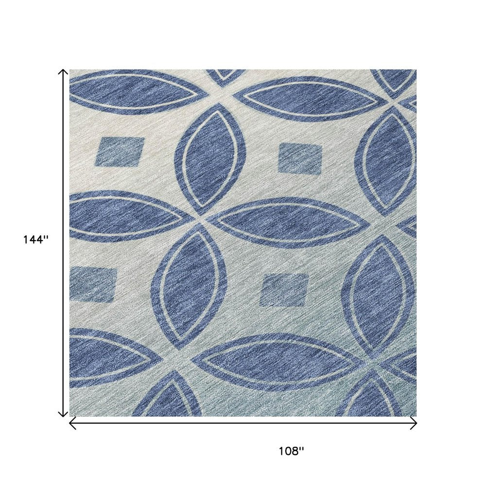 9' X 12' Teal Blue And Ivory Geometric Washable Indoor Outdoor Area Rug