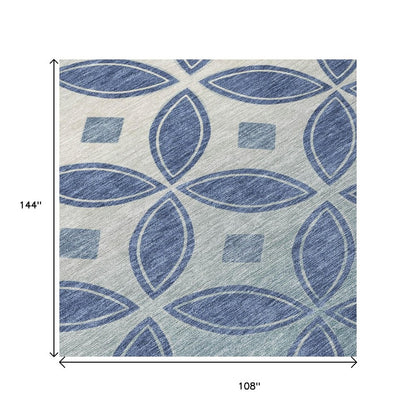 9' X 12' Teal Blue And Ivory Geometric Washable Indoor Outdoor Area Rug