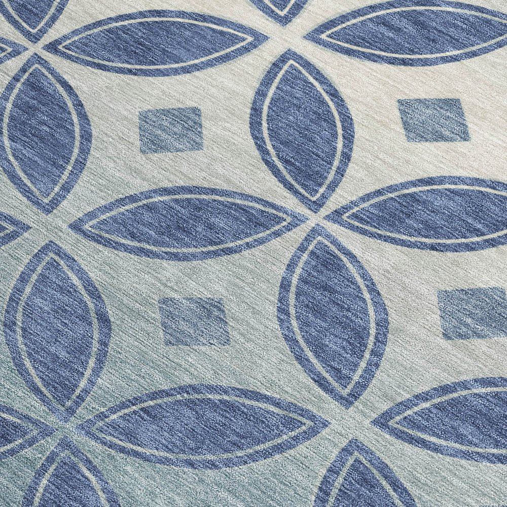 9' X 12' Teal Blue And Ivory Geometric Washable Indoor Outdoor Area Rug