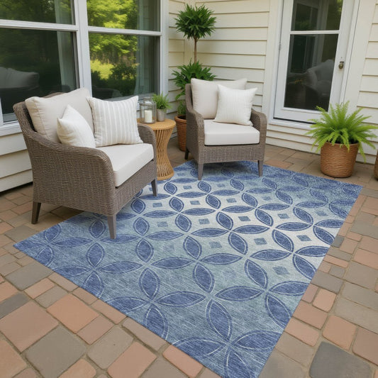 9' X 12' Teal Blue And Ivory Geometric Washable Indoor Outdoor Area Rug