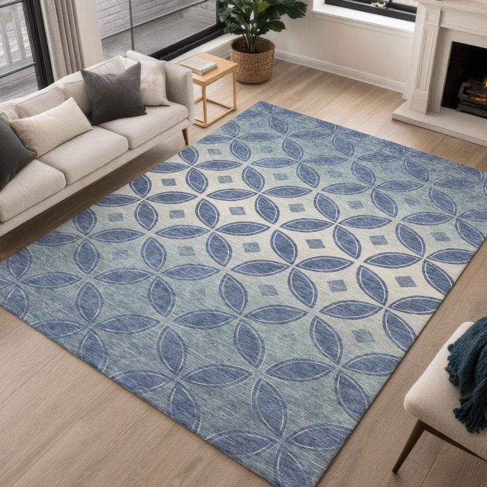 9' X 12' Teal Blue And Ivory Geometric Washable Indoor Outdoor Area Rug