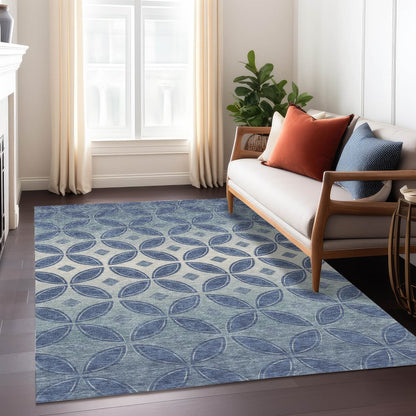 9' X 12' Teal Blue And Ivory Geometric Washable Indoor Outdoor Area Rug
