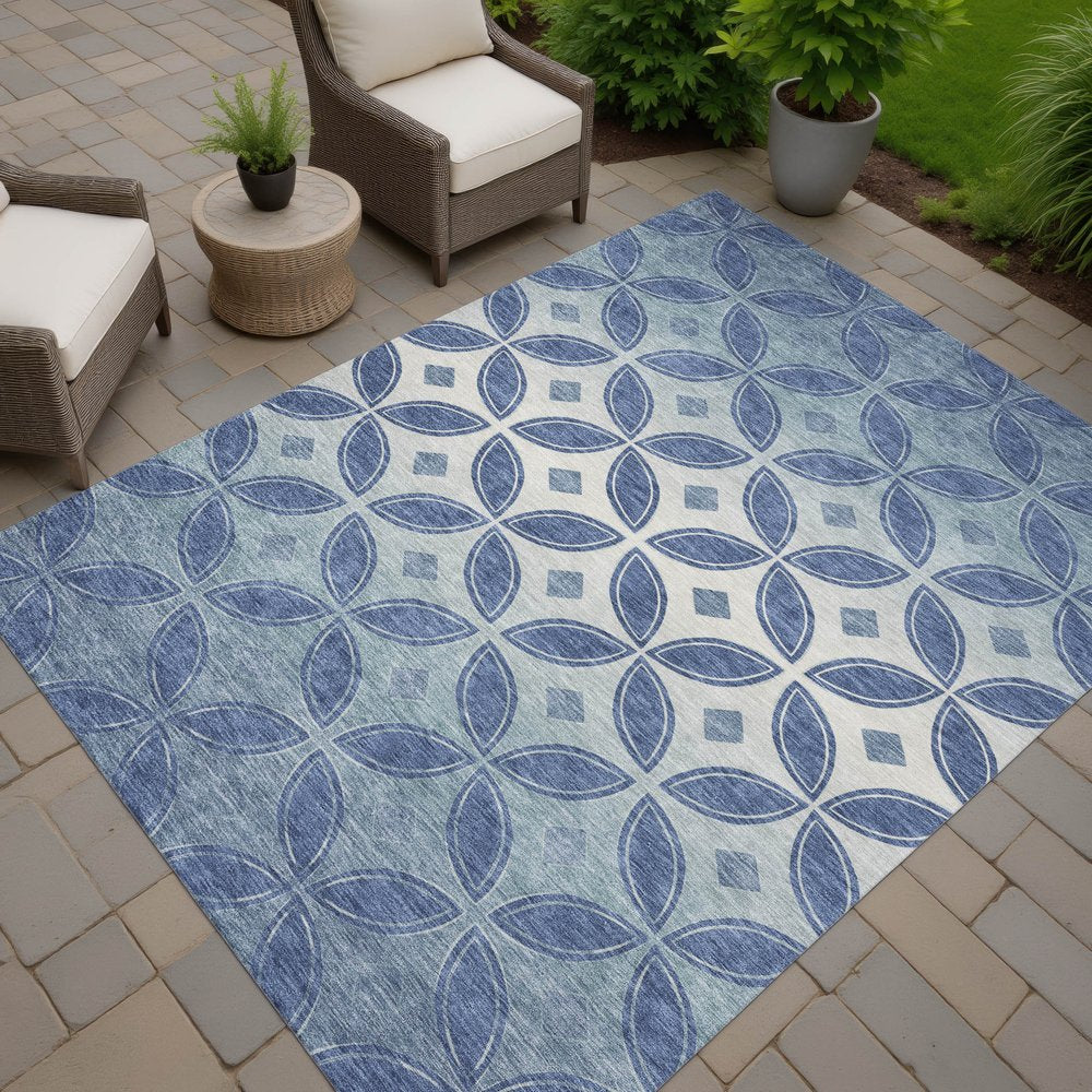 9' X 12' Teal Blue And Ivory Geometric Washable Indoor Outdoor Area Rug