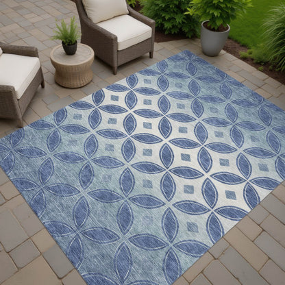 9' X 12' Teal Blue And Ivory Geometric Washable Indoor Outdoor Area Rug
