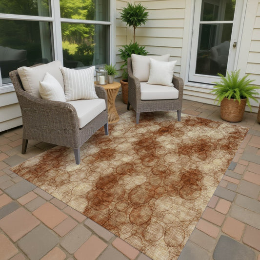 9' X 12' Rust And Orange Abstract Washable Indoor Outdoor Area Rug