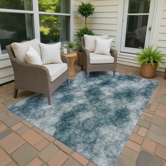 9' X 12' Turquoise And Ivory Abstract Washable Indoor Outdoor Area Rug