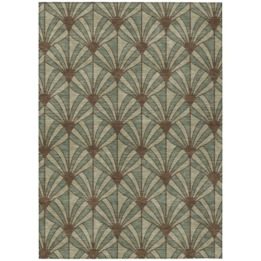 10' X 14' Artichoke Green Brown And Beige Seashell Washable Indoor Outdoor Area Rug