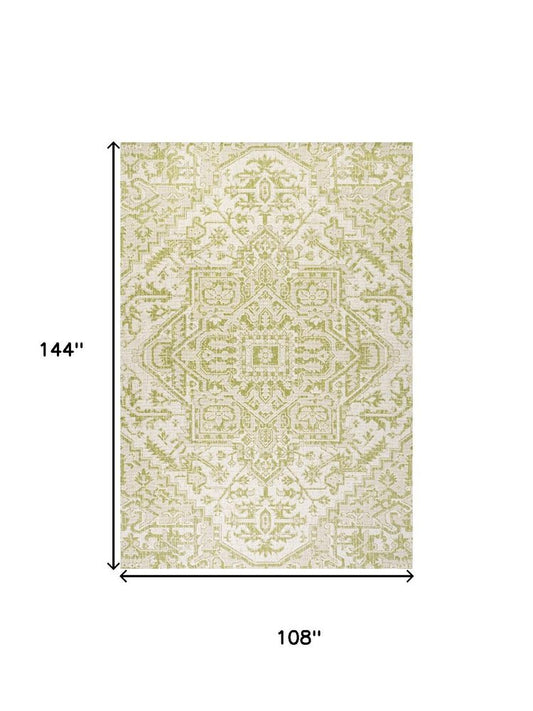 9' X 12' Cream And Green Medallion Indoor Outdoor Area Rug