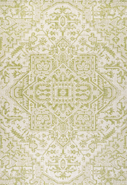 9' X 12' Cream And Green Medallion Indoor Outdoor Area Rug