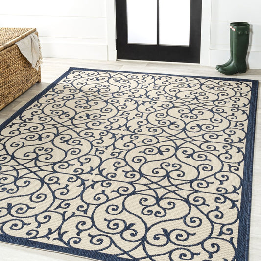 9' X 12' Navy Blue And Beige Geometric Indoor Outdoor Area Rug