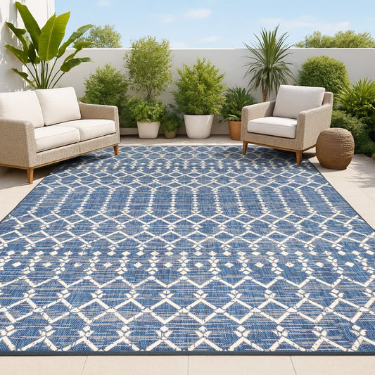 9' X 12' Navy Blue And Beige Trellis Indoor Outdoor Area Rug