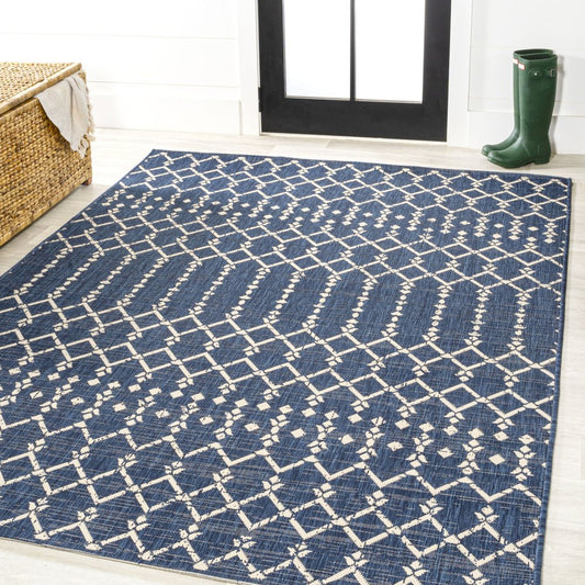 9' X 12' Navy Blue And Beige Trellis Indoor Outdoor Area Rug