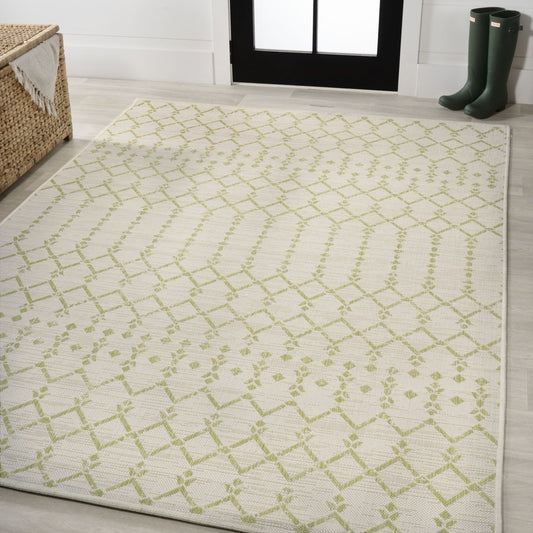 9' X 12' Cream And Green Trellis Indoor Outdoor Area Rug