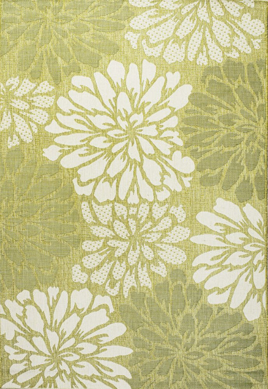 9' X 12' Green And Cream Floral Indoor Outdoor Area Rug