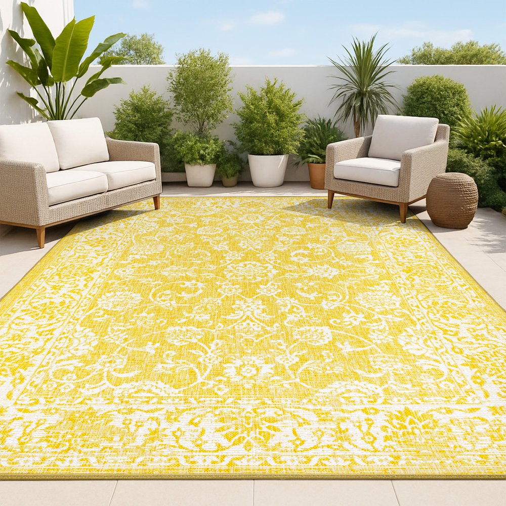 9' X 12' Yellow And Cream Medallion Indoor Outdoor Area Rug