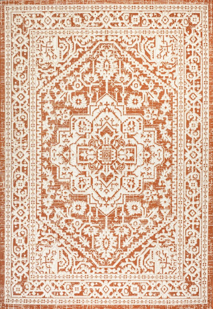 8' X 10' Orange And Cream Medallion Indoor Outdoor Area Rug