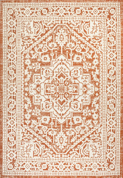 8' X 10' Orange And Cream Medallion Indoor Outdoor Area Rug