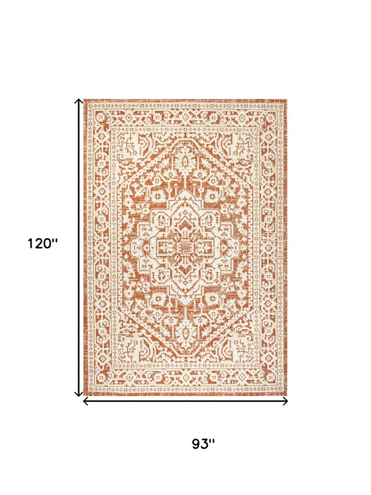 8' X 10' Orange And Cream Medallion Indoor Outdoor Area Rug