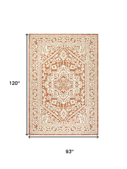 8' X 10' Orange And Cream Medallion Indoor Outdoor Area Rug