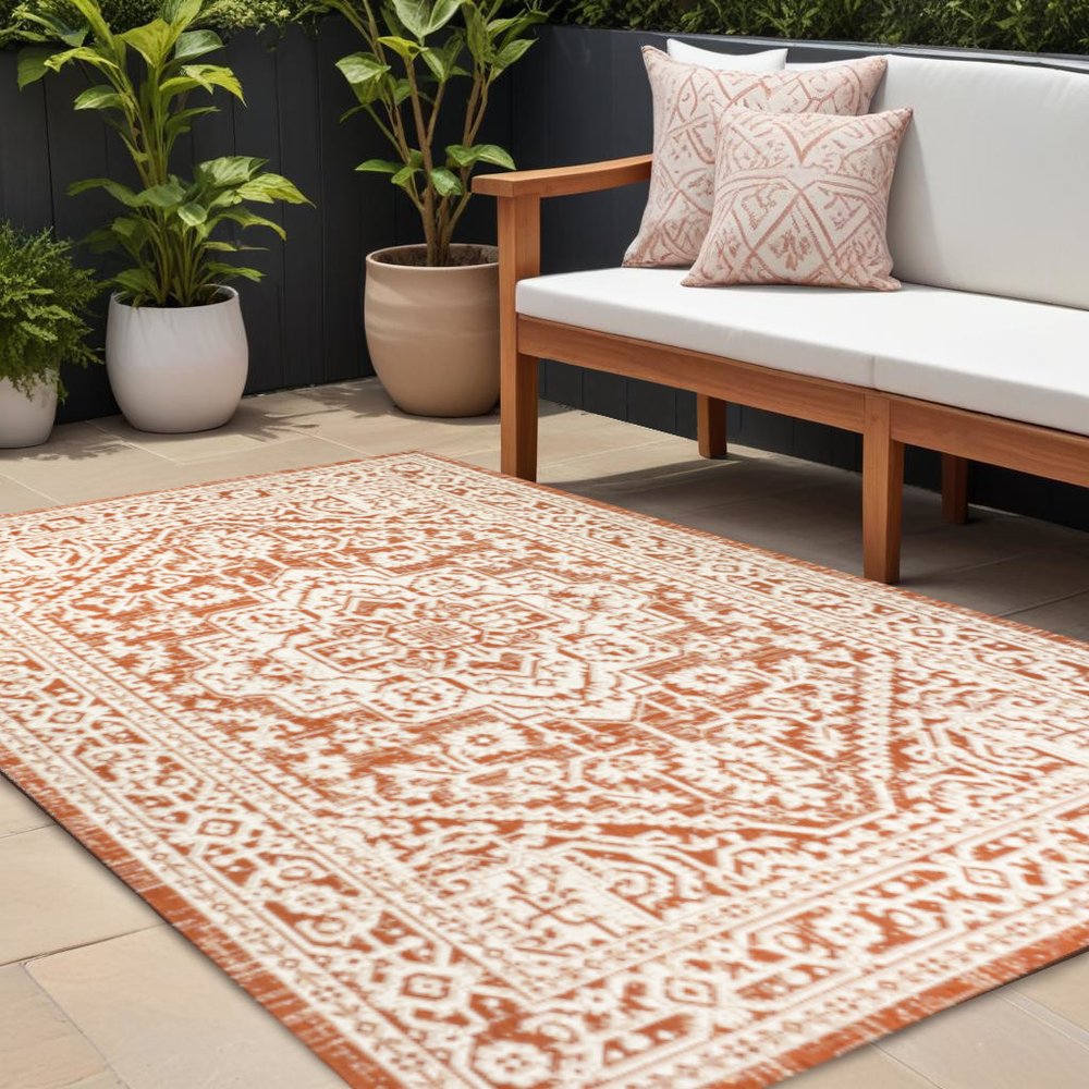 8' X 10' Orange And Cream Medallion Indoor Outdoor Area Rug