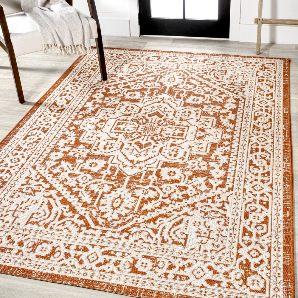 8' X 10' Orange And Cream Medallion Indoor Outdoor Area Rug