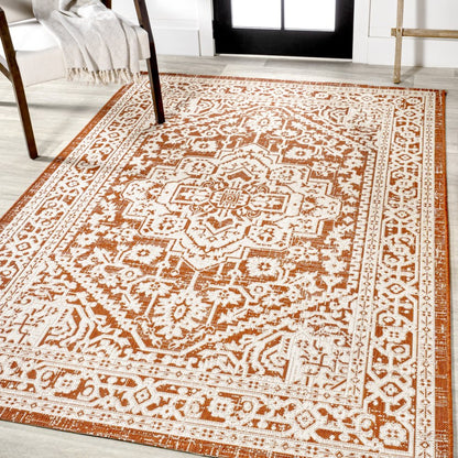 8' X 10' Orange And Cream Medallion Indoor Outdoor Area Rug