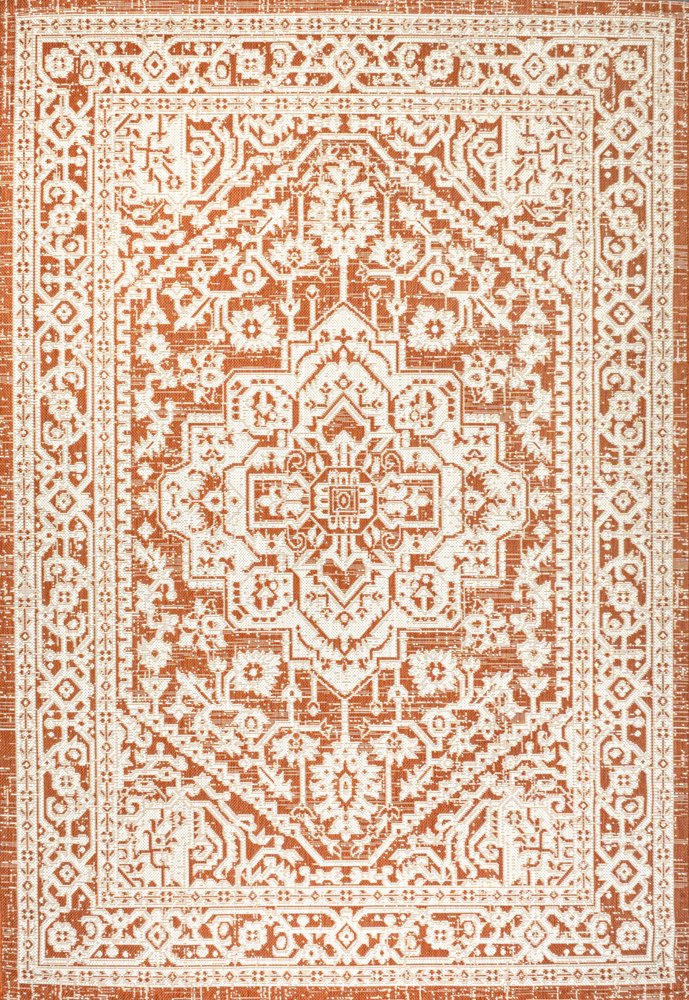 8' X 10' Orange And Cream Medallion Indoor Outdoor Area Rug