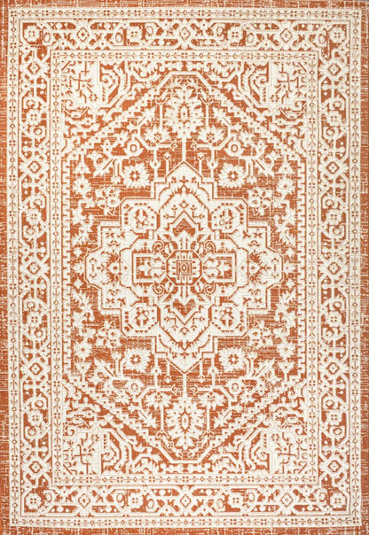 8' X 10' Orange And Cream Medallion Indoor Outdoor Area Rug