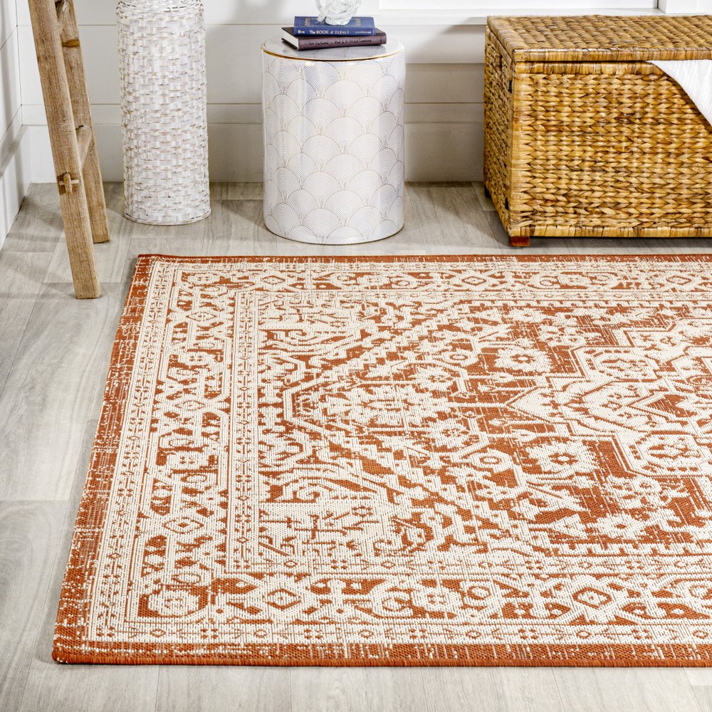 8' X 10' Orange And Cream Medallion Indoor Outdoor Area Rug
