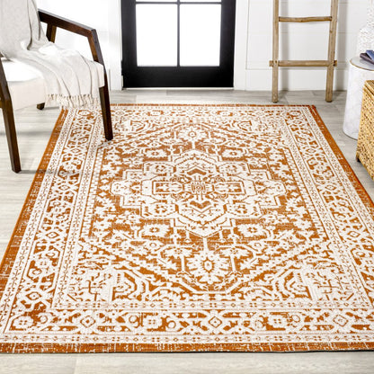 8' X 10' Orange And Cream Medallion Indoor Outdoor Area Rug