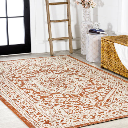 8' X 10' Orange And Cream Medallion Indoor Outdoor Area Rug