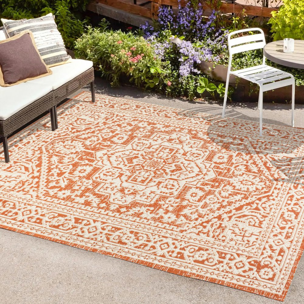 8' X 10' Orange And Cream Medallion Indoor Outdoor Area Rug