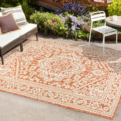 8' X 10' Orange And Cream Medallion Indoor Outdoor Area Rug
