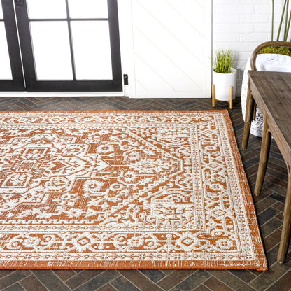 8' X 10' Orange And Cream Medallion Indoor Outdoor Area Rug