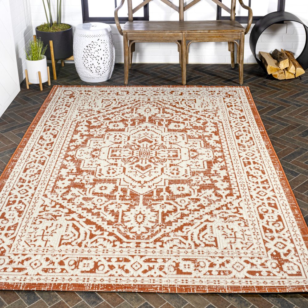 8' X 10' Orange And Cream Medallion Indoor Outdoor Area Rug