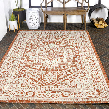 8' X 10' Orange And Cream Medallion Indoor Outdoor Area Rug