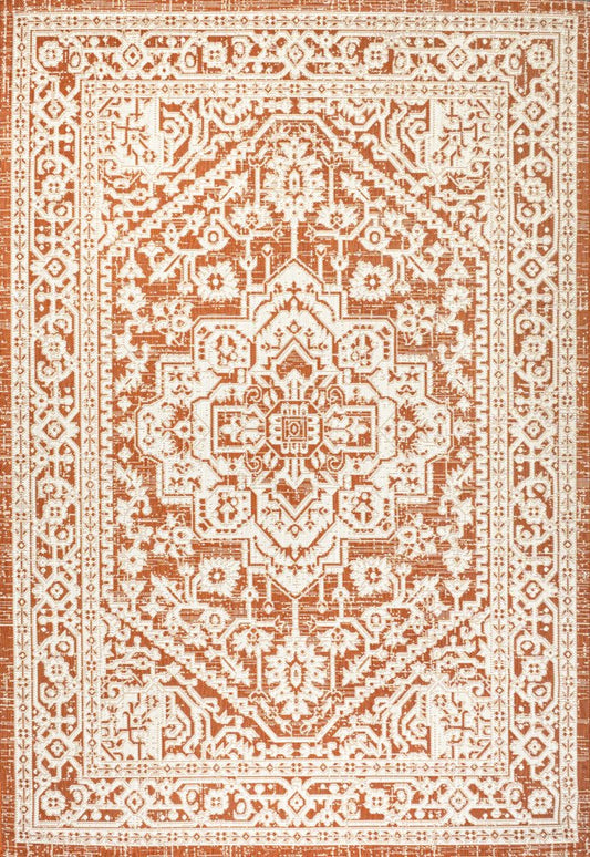 9' X 12' Orange And Cream Medallion Indoor Outdoor Area Rug
