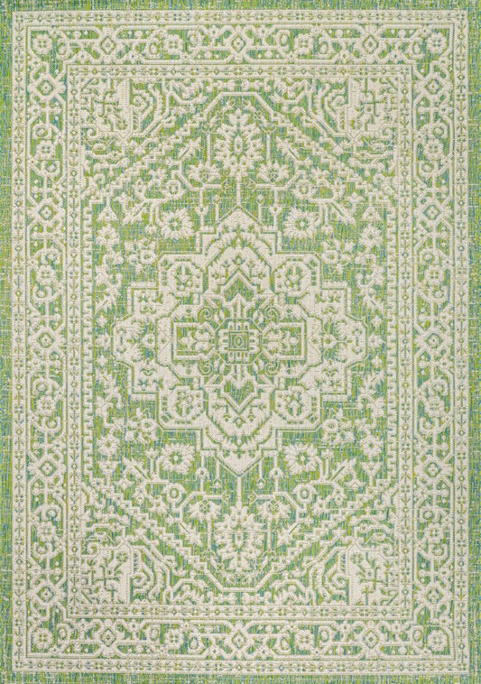 9' X 12' Cream And Green Medallion Indoor Outdoor Area Rug