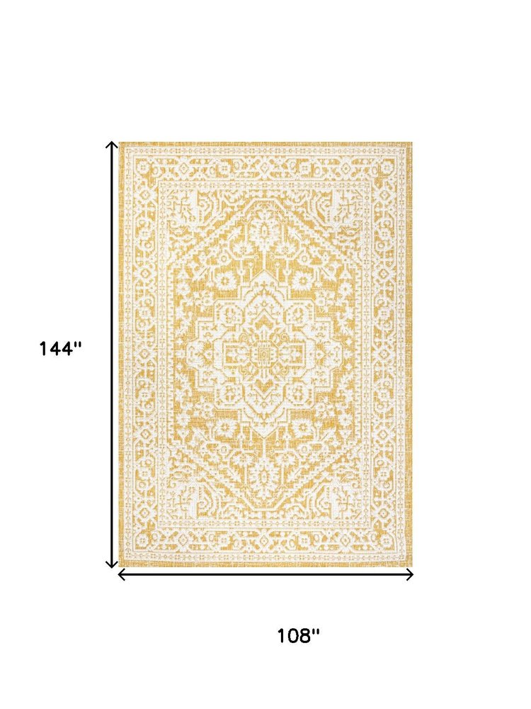 9' X 12' Yellow And Cream Medallion Indoor Outdoor Area Rug