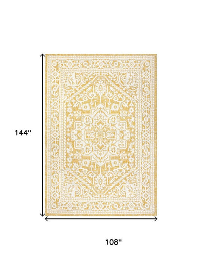9' X 12' Yellow And Cream Medallion Indoor Outdoor Area Rug