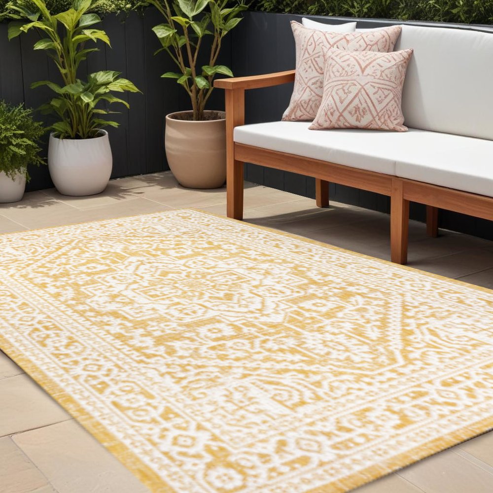 9' X 12' Yellow And Cream Medallion Indoor Outdoor Area Rug