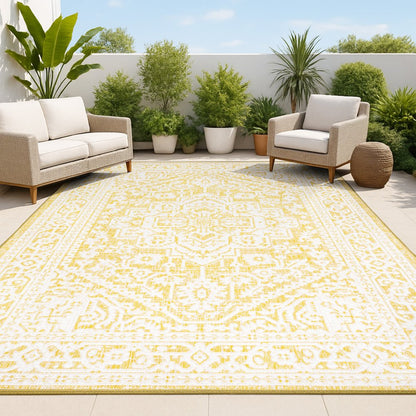 9' X 12' Yellow And Cream Medallion Indoor Outdoor Area Rug