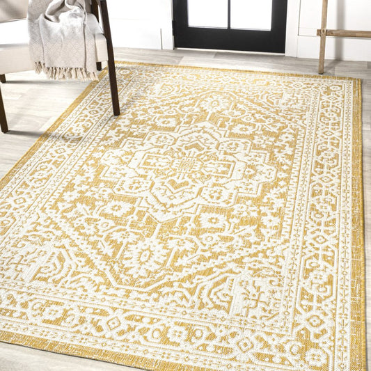 9' X 12' Yellow And Cream Medallion Indoor Outdoor Area Rug