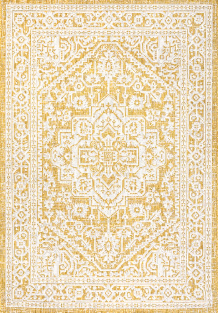 9' X 12' Yellow And Cream Medallion Indoor Outdoor Area Rug