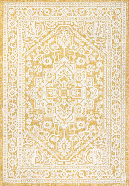 9' X 12' Yellow And Cream Medallion Indoor Outdoor Area Rug